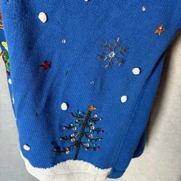 Berek Womens M Blue Ugly Christmas Cardigan Stacked Reindeer Pom Pom - Picture 6 of 6